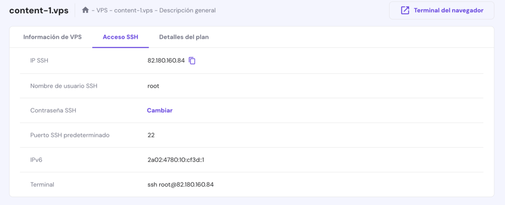 Secci&oacute;n de VPS en hPanel
