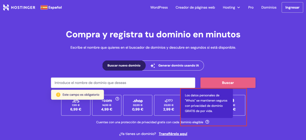 P&aacute;gina de inicio de Hostinger con el elemento seleccionado resaltado