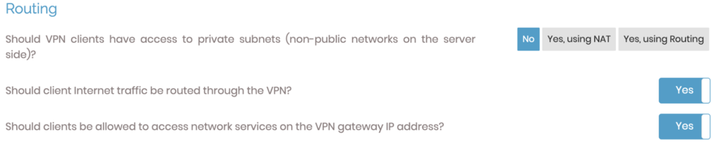 La secci&oacute;n de enrutamiento en el panel de control de OpenVPN