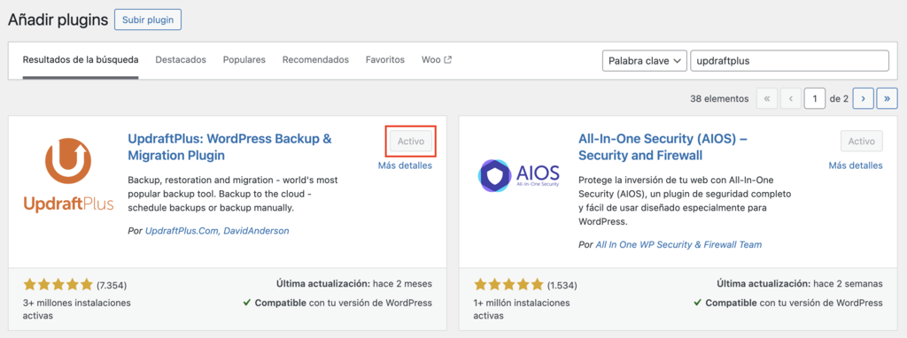 Secci&oacute;n de A&ntilde;adir plugins de WP