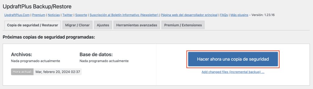 Plugin UpdraftPlus de WP 