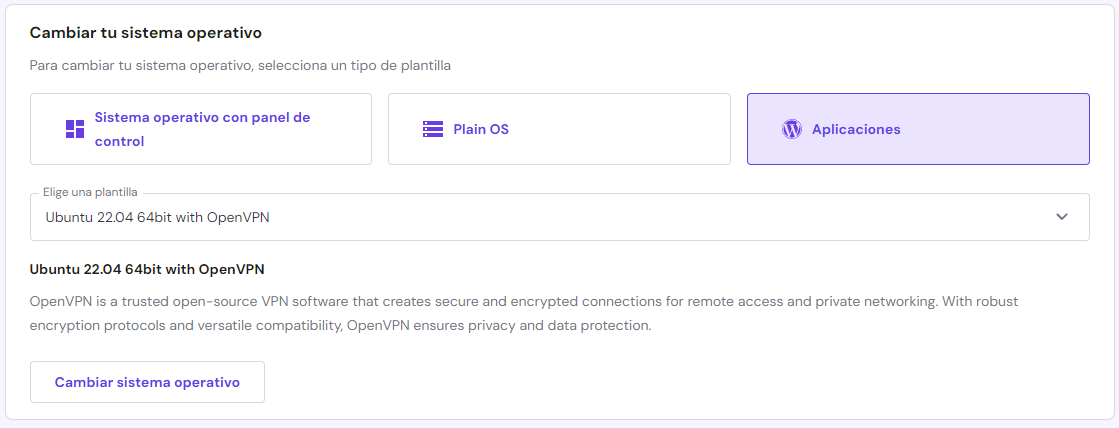 Interfaz para cambiar sistema operativo en hPanel