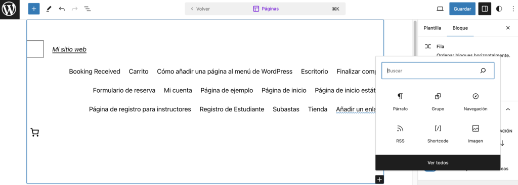 Bloques del editor del menú en el editor de WP