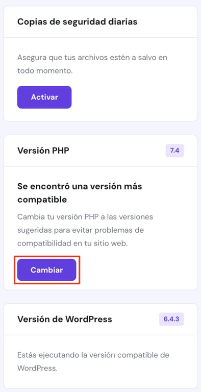 Versión PHP en Hostinger