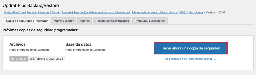 Secci&oacute;n de UpdraftPlus en WordPress
