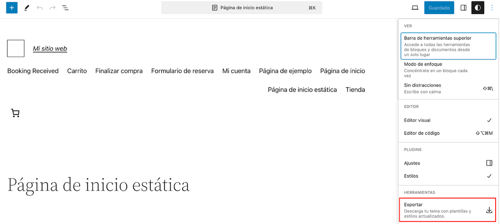 Opci&oacute;n Exportar del editor de WordPress