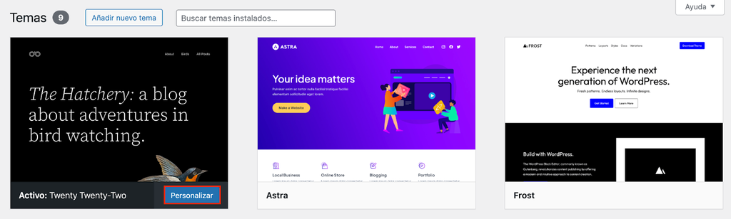 Secci&oacute;n de Temas de WordPress