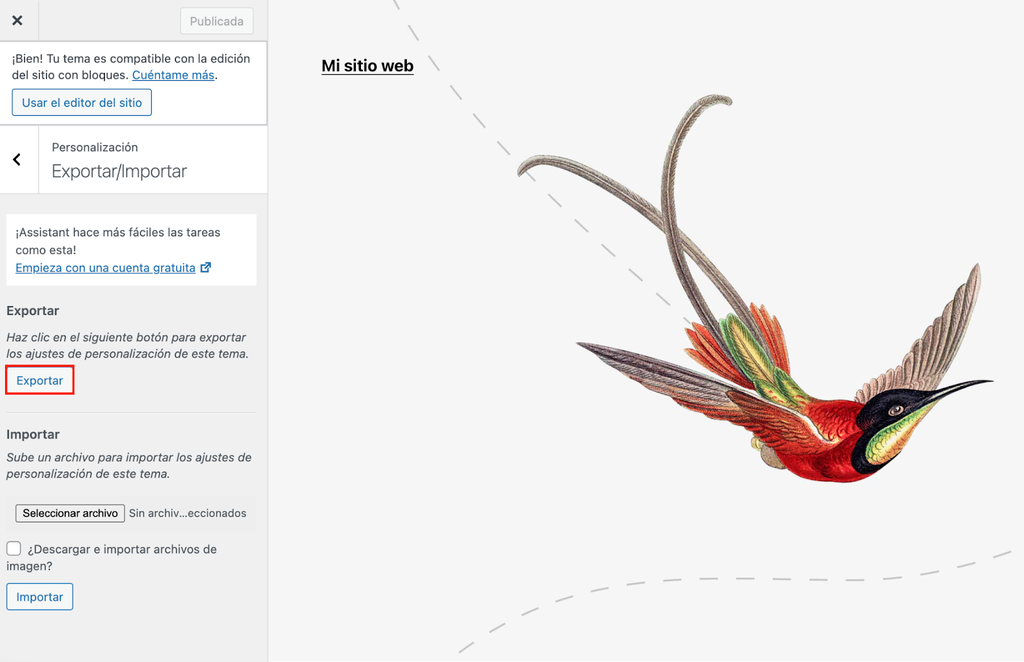 Opci&oacute;n Exportar del editor de tema de WP