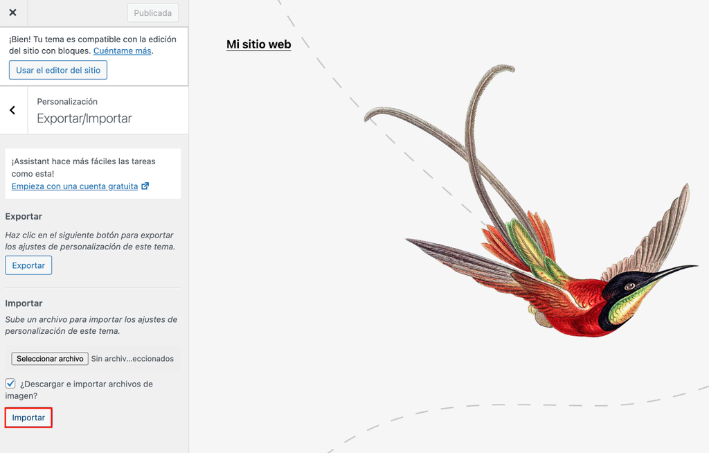 Opci&oacute;n Importar del editor de tema de WP
