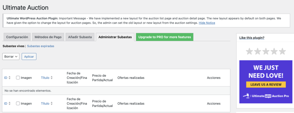 Secci&oacute;n de Administrar subastas en Ultimate Auction