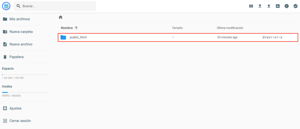 carpeta public_html del Administrador de archivos