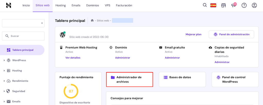 Administrador de archivos de hPanel