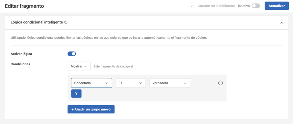 Sección Lógica condicional inteligente en WPCode
