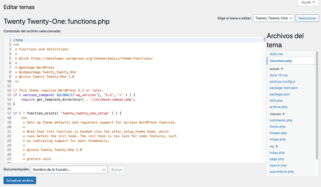 Editor de archivos de temas de WP
