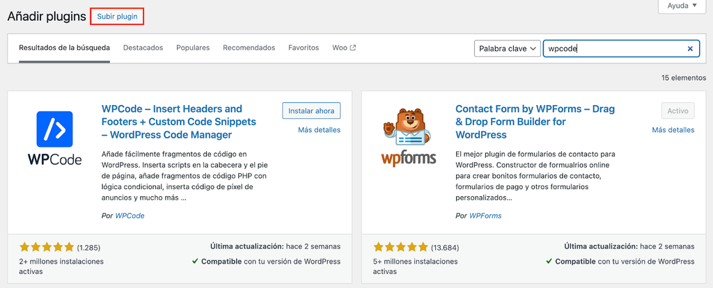 Sección de Añadir plugins de WP