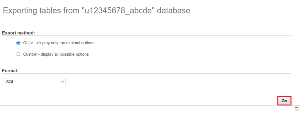 El bot&oacute;n Ir de la pesta&ntilde;a Exportar de phpMyAdmin