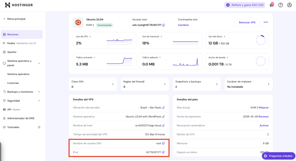 Acceso SSH del men&uacute; general de su VPS en hPanel