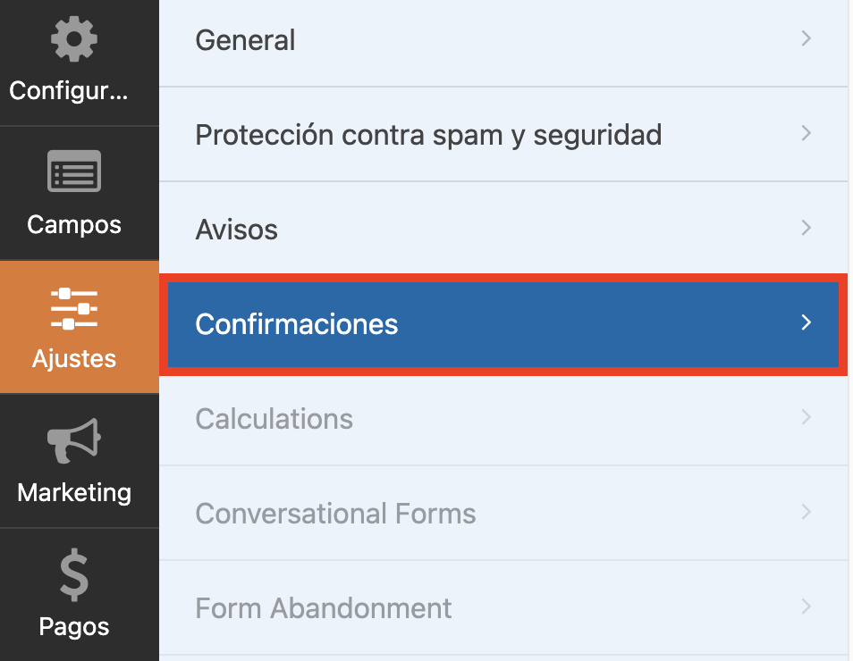 Confirmaciones de Ajustes de WPForms