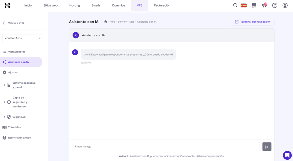 Asistente con IA del VPS de Hostinger