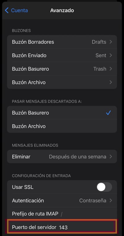 Configuración del puerto en correo en iPhone