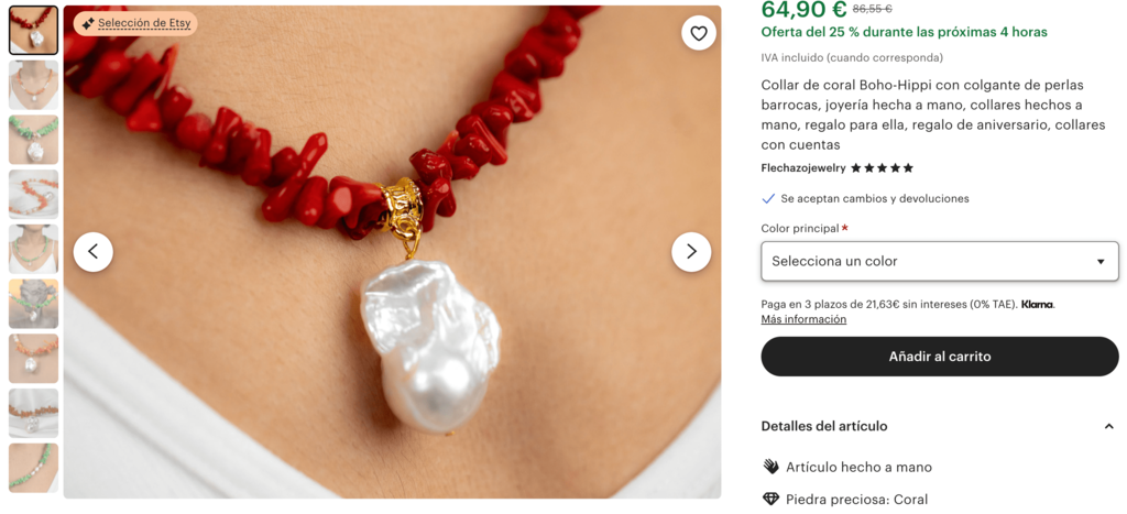 Ejemplo de collar hecho a mano para vender en Etsy