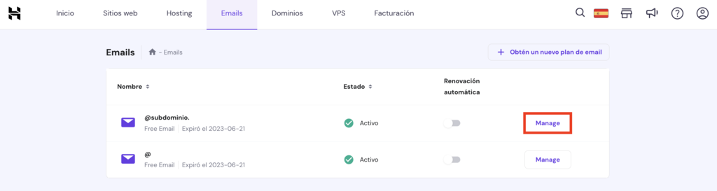 Cuentas de correo en hPanel
