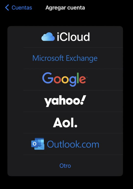 Opciones de correo electrónicos disponibles para añadir en iPhone