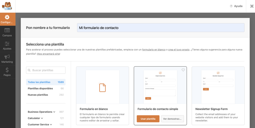 Interfaz para añadir un formulario de contacto de WPForms