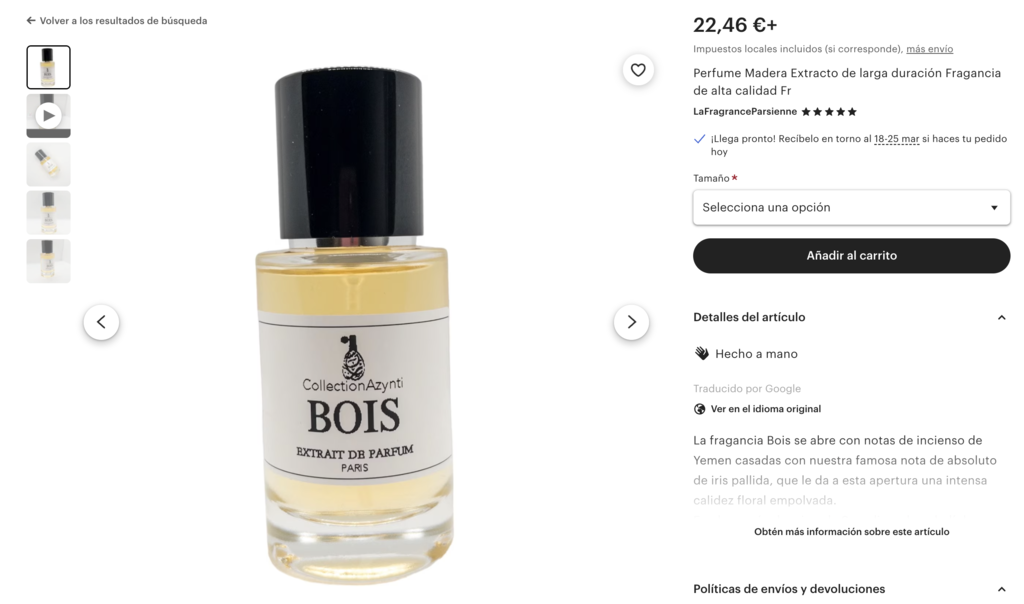 Ejemplo de perfume hecho a mano para vender en Etsy