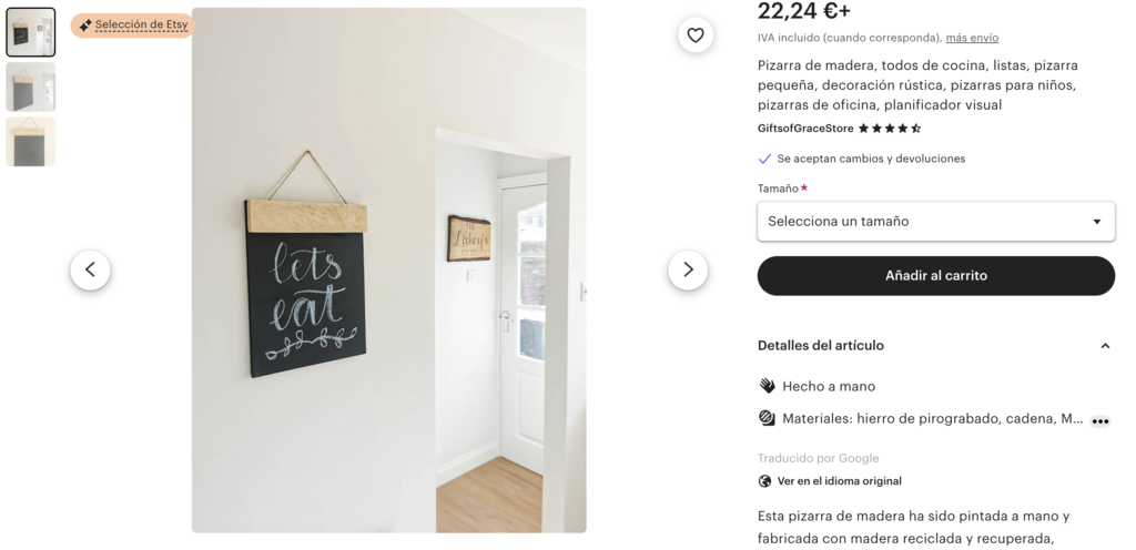Ejemplo de pizarra hecha a mano para vender en Etsy