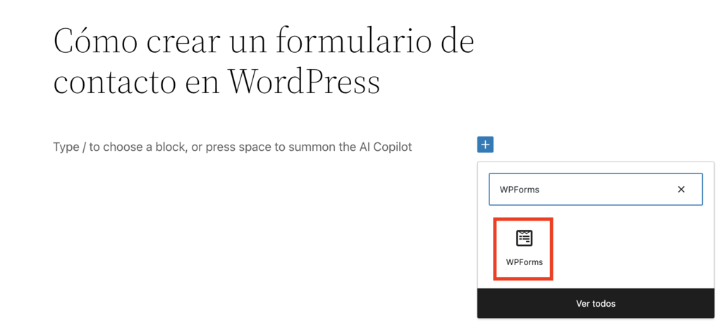 Bloque de WPForms en el editor de Gutenberg