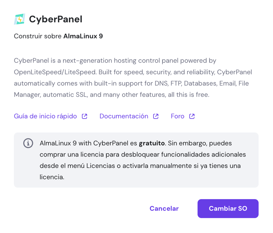 Descripción de SO en hPanel