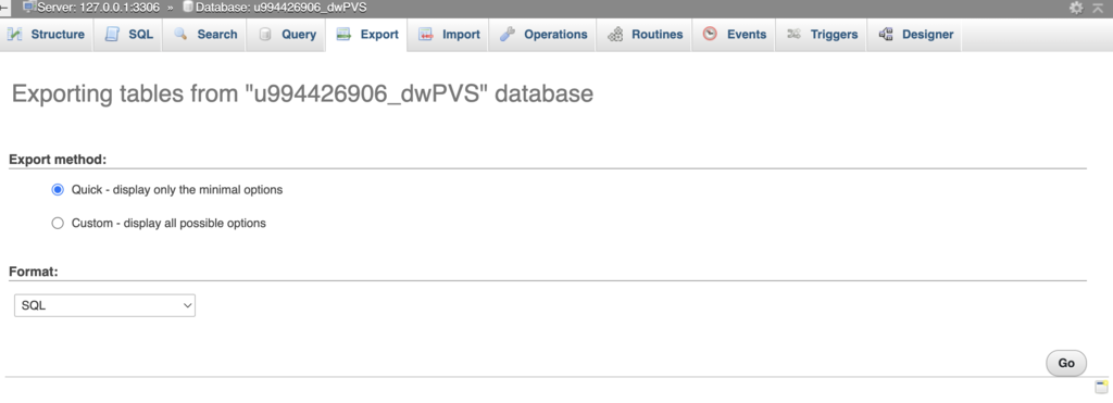 Interfaz de Exportar de phpMyAdmin