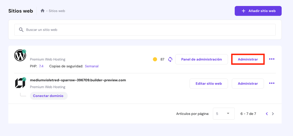 Sección de Sitios web de hPanel