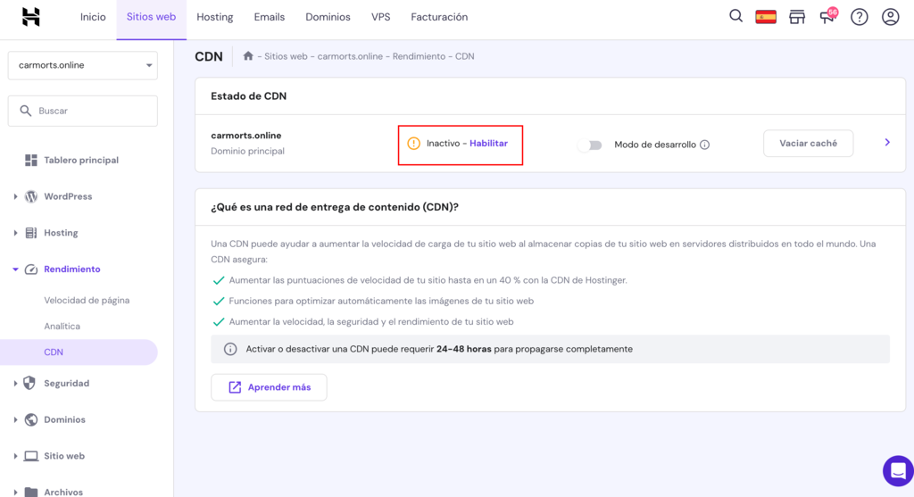 Página de CDN de hPanel en Hostinger