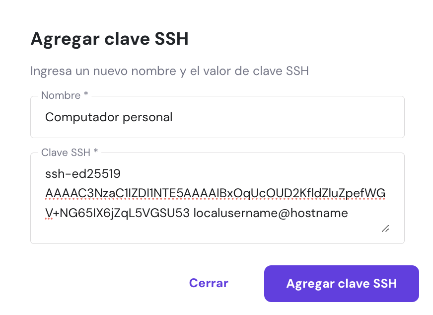 Agregar clave SSH en hPanel