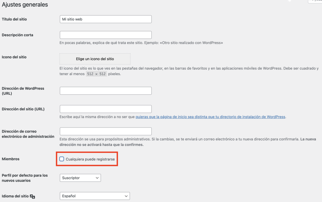 Secci&oacute;n de ajustes generales de WP