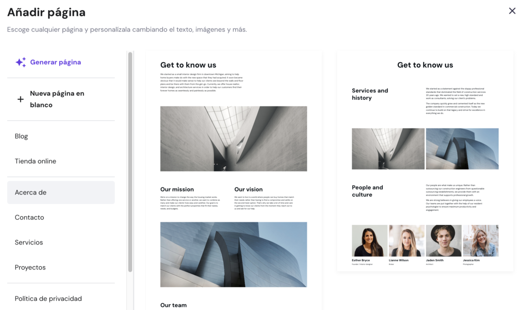 Sección para añadir páginas del sitio en el Creador de Hostinger