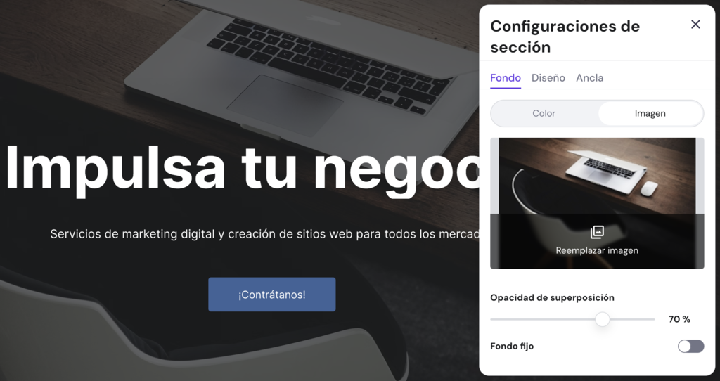 Configuraciones de sección del Creador de Hostinger