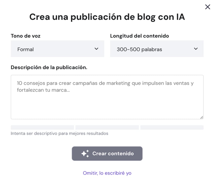Sección para crear un post con IA del Creador de Hostinger