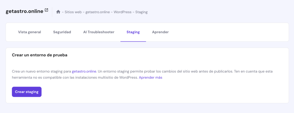 Sección staging de hPanel