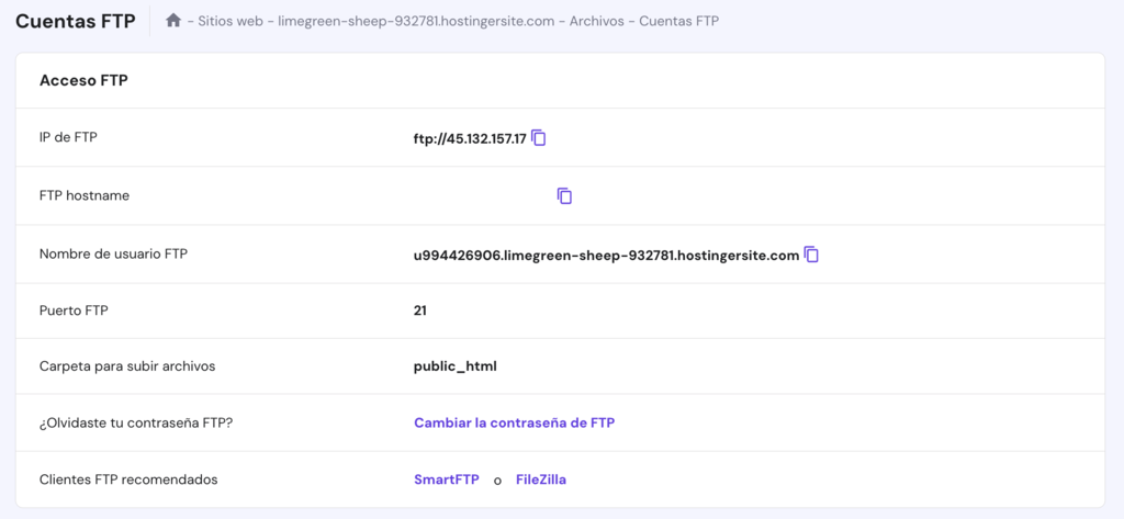 Cuentas FTP en hPanel