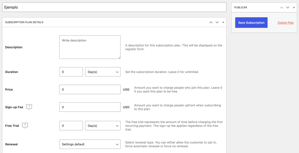 Ejemplo de plan de suscripci&oacute;n de Paid Member Subscriptions