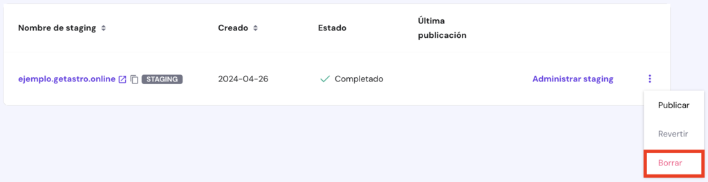 Opción Borrar sitio de staging en hPanel