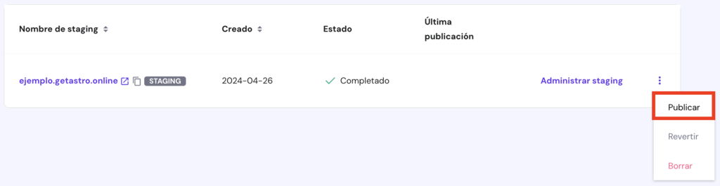 Botón publicar en sitio web de prueba de hPanel