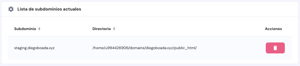Lista de subdominios actuales de hPanel