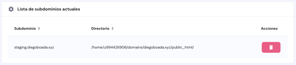 Lista de subdominios actuales de hPanel