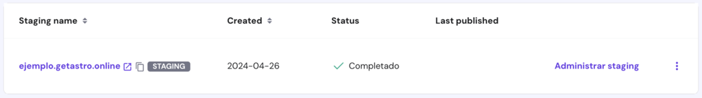 Lista de sitios de prueba en hPanel