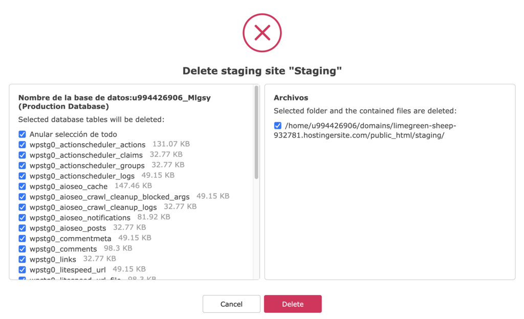 Mensaje de borrar sitio de staging de WP Staging