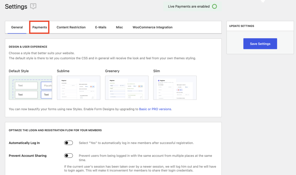 Secci&oacute;n de pagos de Paid Member Subscriptions